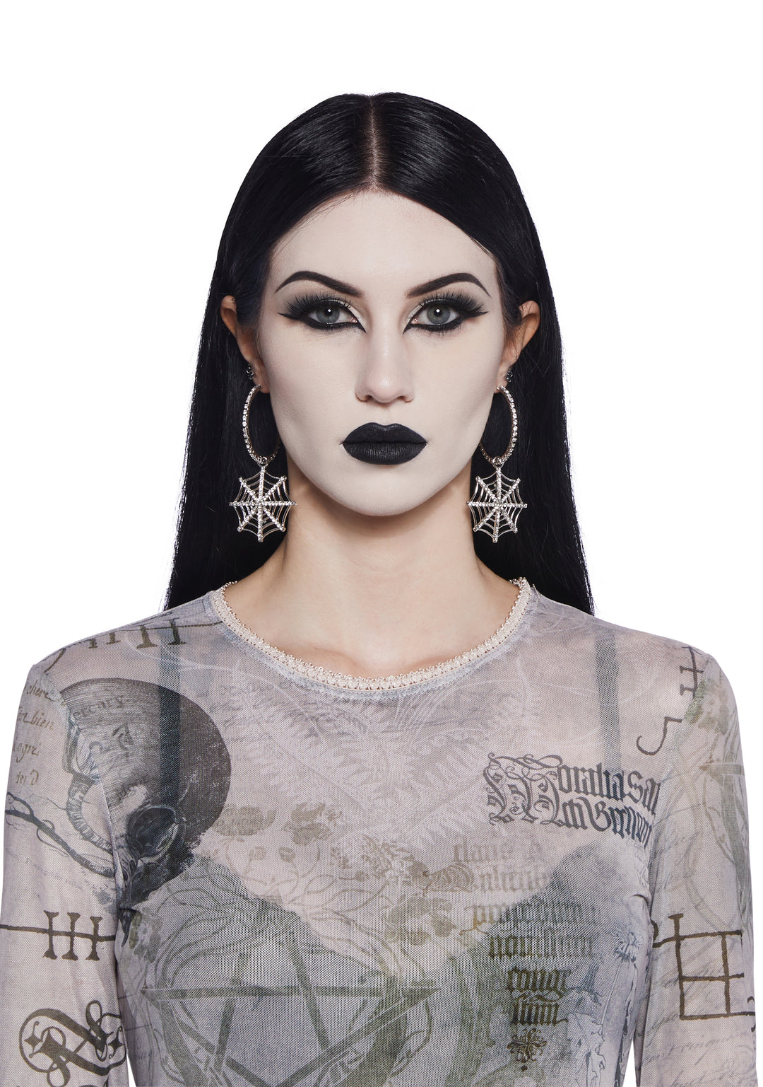 Crystal Spider Web Charm Hoop Drop Earrings - Silver - Image 5