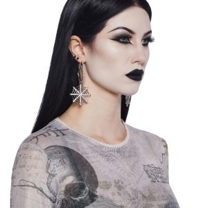 Crystal Spider Web Charm Hoop Drop Earrings - Silver