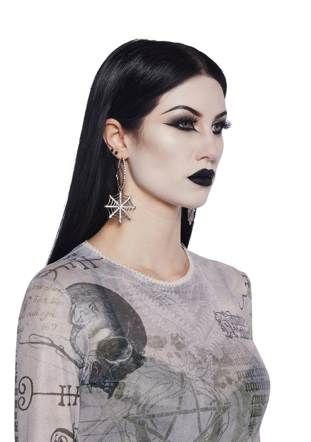 Crystal Spider Web Charm Hoop Drop Earrings - Silver