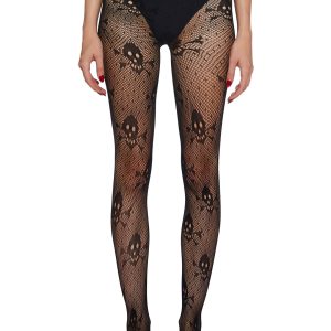 Halloween Pirate Sheer Skull Crossbones Fishnet Tights - Black
