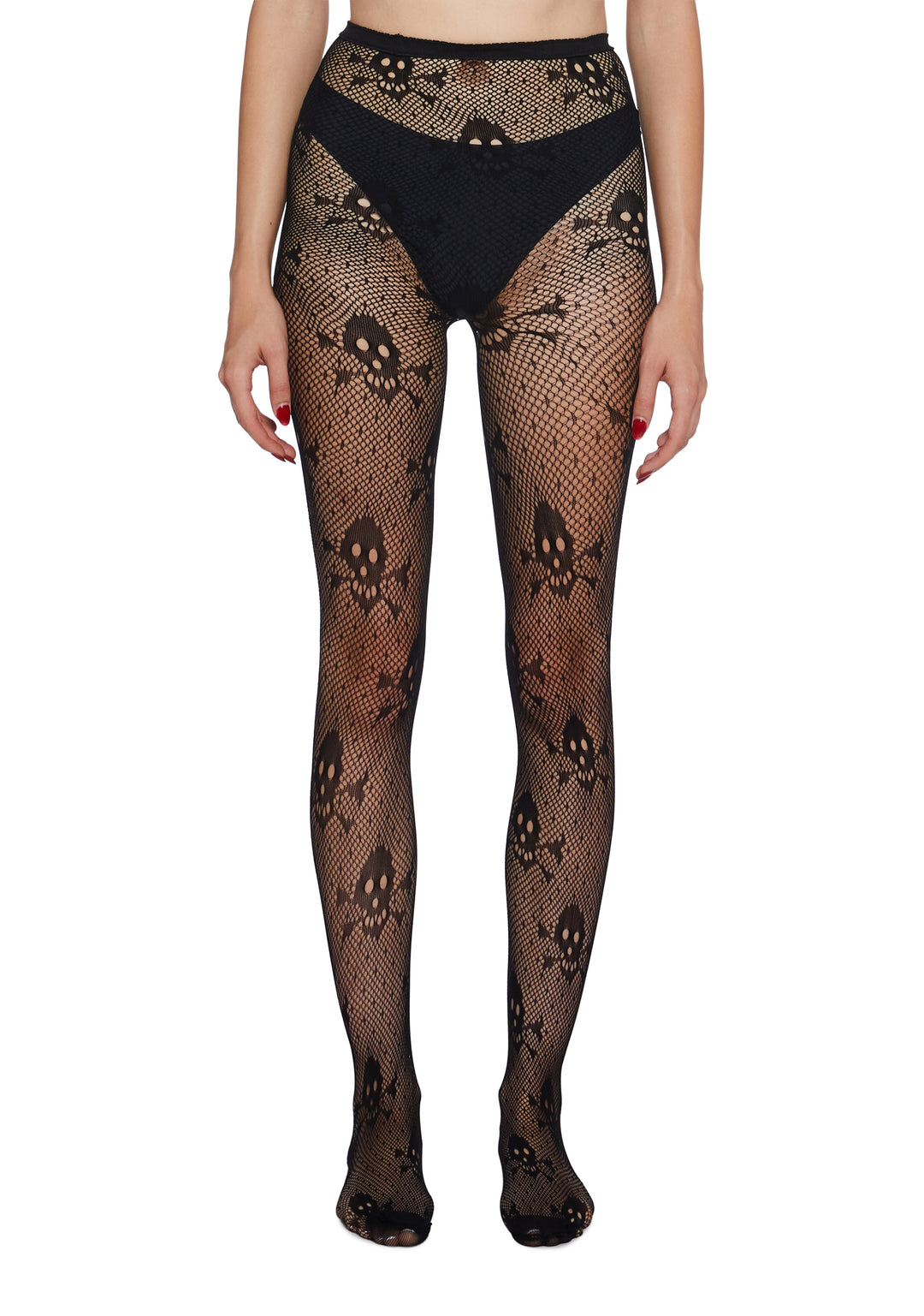 Halloween Pirate Sheer Skull Crossbones Fishnet Tights - Black