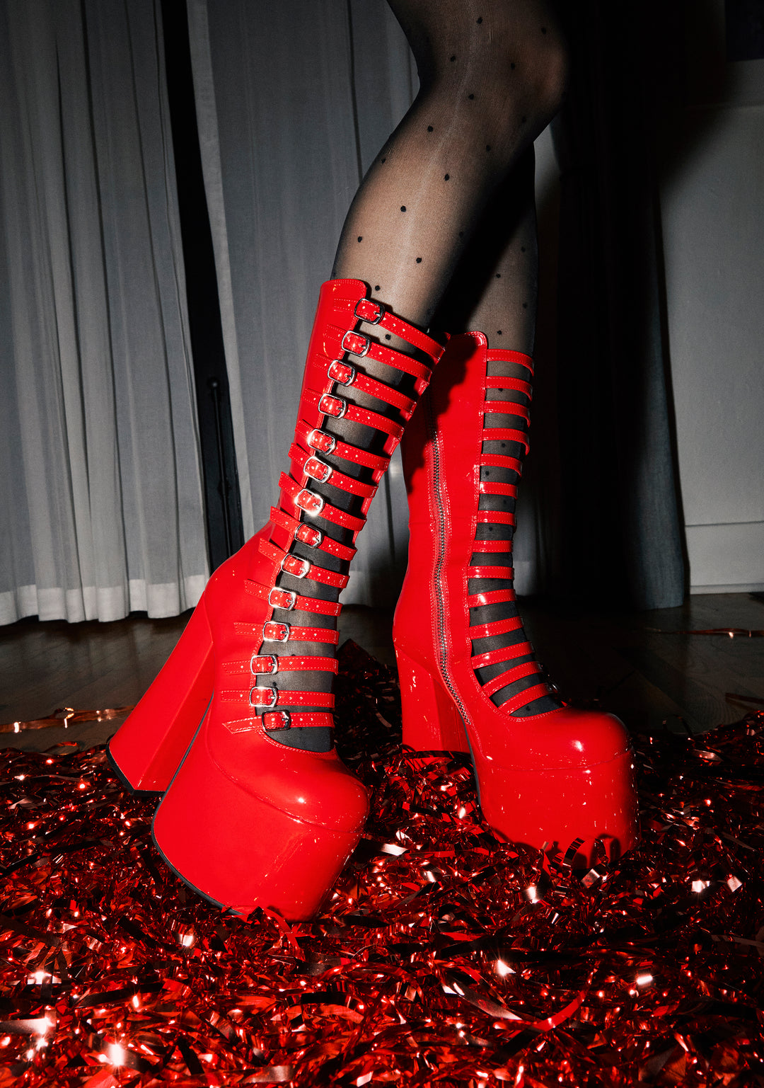 Patent Vegan Leather Buckle Zip Up Boots Widow - Red - Image 5