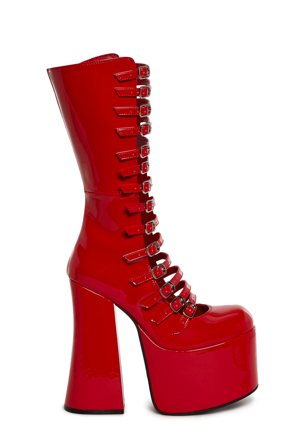 Patent Vegan Leather Buckle Zip Up Boots Widow - Red