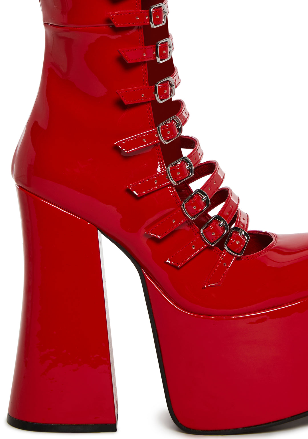 Patent Vegan Leather Buckle Zip Up Boots Widow - Red - Image 2