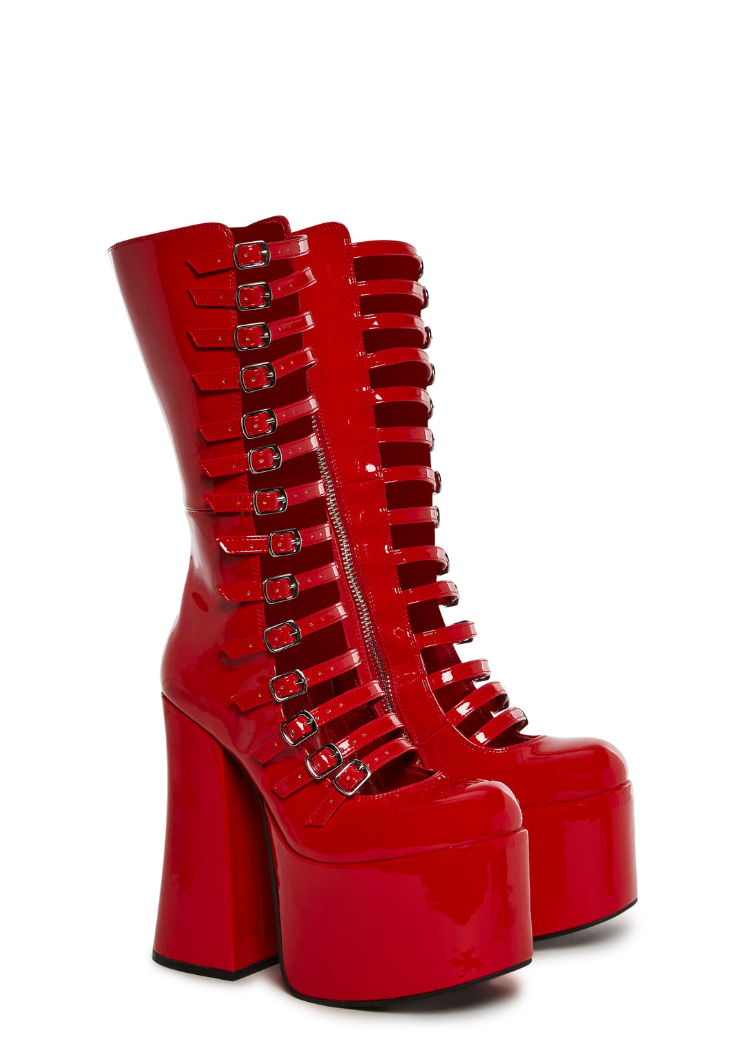 Patent Vegan Leather Buckle Zip Up Boots Widow - Red - Image 3