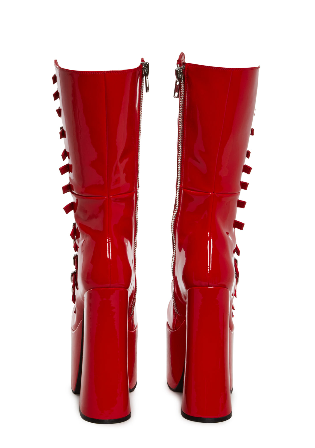 Patent Vegan Leather Buckle Zip Up Boots Widow - Red - Image 4