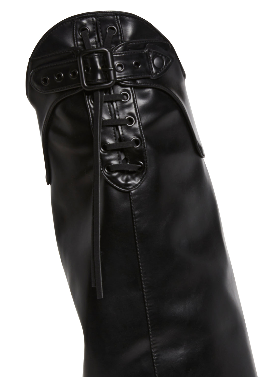 Shiny Vegan Leather Buckled Lace-Up Western Pant Boots - Black - Image 6