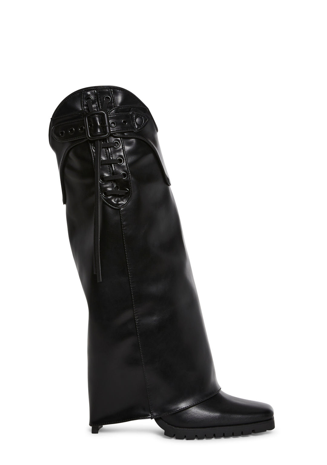 Shiny Vegan Leather Buckled Lace-Up Western Pant Boots - Black - Image 5