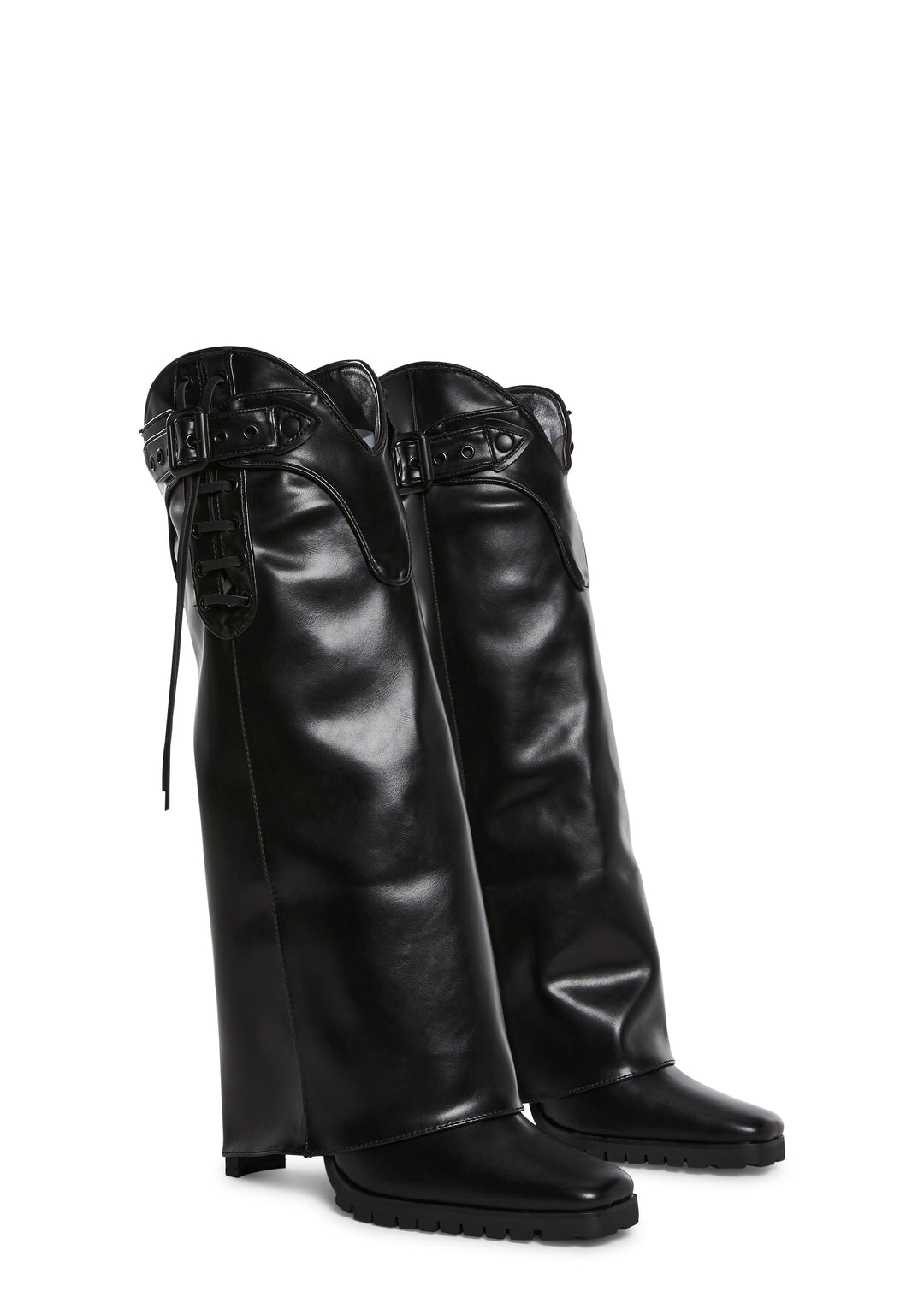 Shiny Vegan Leather Buckled Lace-Up Western Pant Boots - Black - Image 7