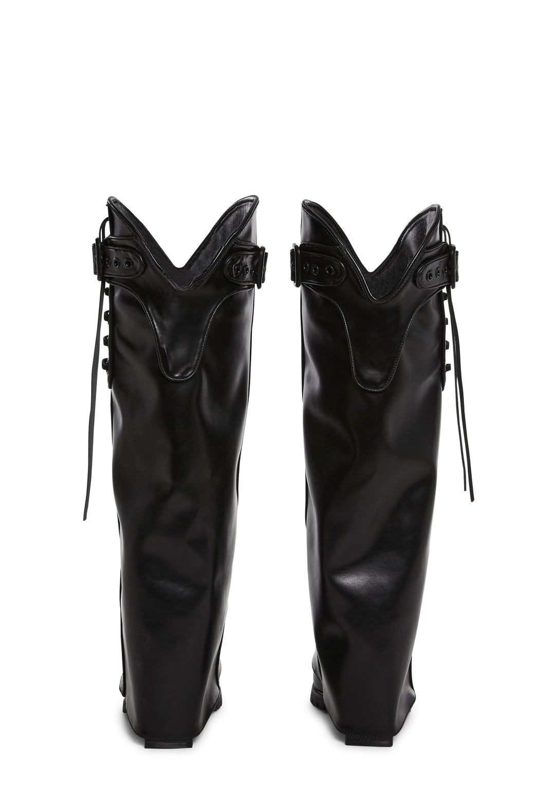 Shiny Vegan Leather Buckled Lace-Up Western Pant Boots - Black - Image 8