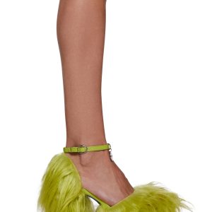 Long Fuzzy Faux Fur Grumpy Charm Block Platform Heels Current Mood - Green