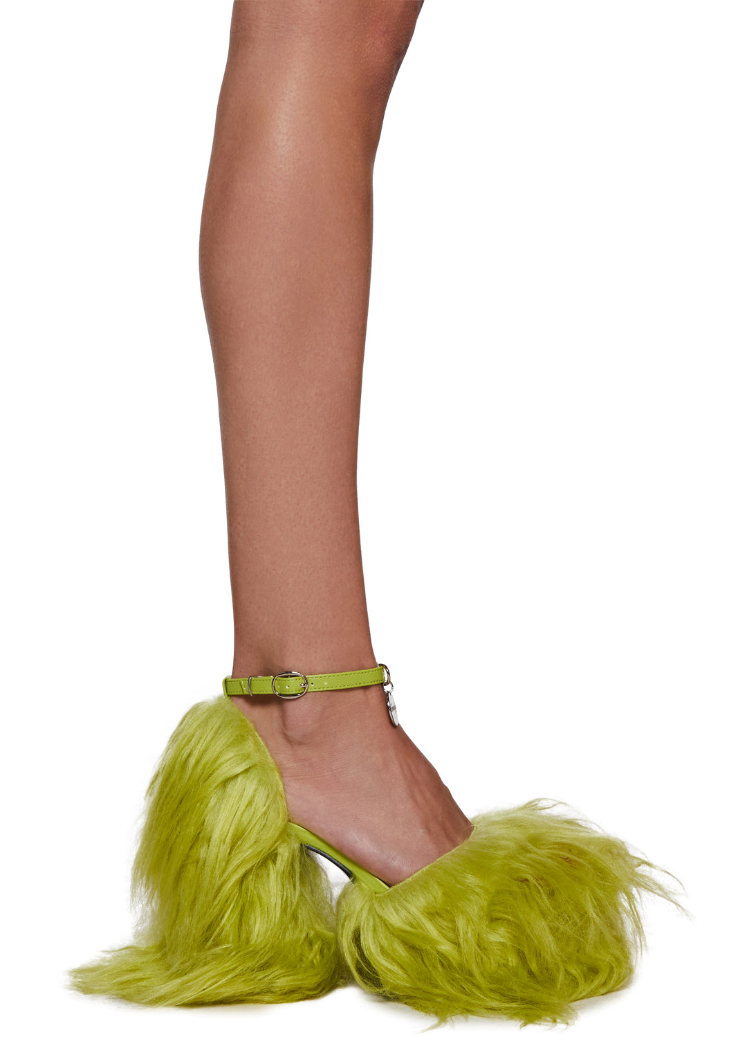 Long Fuzzy Faux Fur Grumpy Charm Block Platform Heels Current Mood - Green
