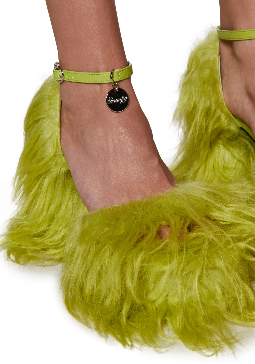 Long Fuzzy Faux Fur Grumpy Charm Block Platform Heels Current Mood - Green - Image 2
