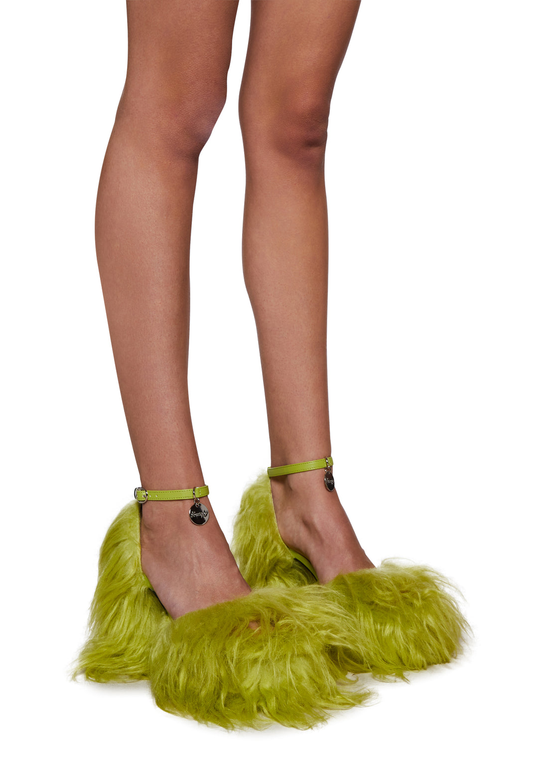 Long Fuzzy Faux Fur Grumpy Charm Block Platform Heels Current Mood - Green - Image 3