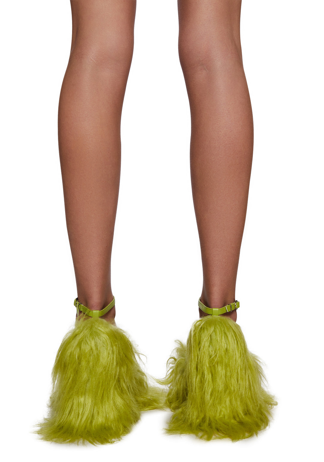Long Fuzzy Faux Fur Grumpy Charm Block Platform Heels Current Mood - Green - Image 4