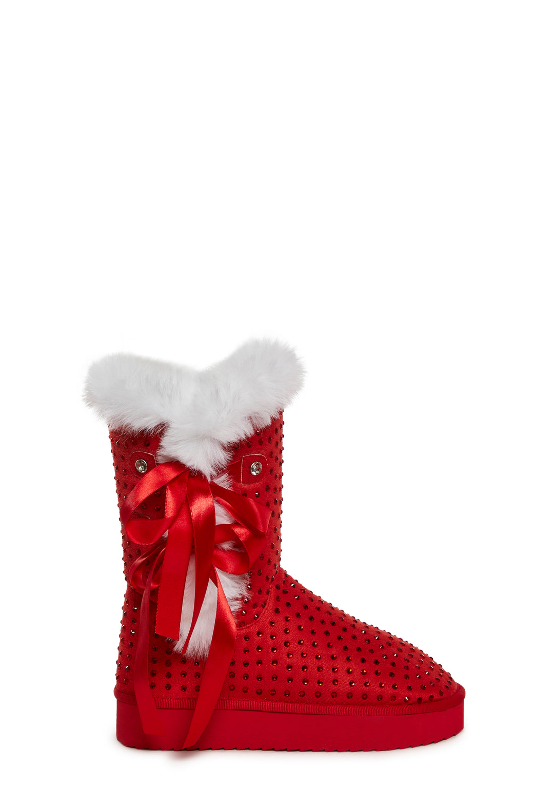 Santa Rhinestone Fur Trim Slipper Booties Sugar Thrillz - Red