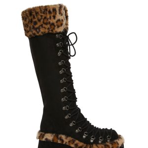 Leopard Faux Fur Faux Suede Platform Boots Current Mood - Black