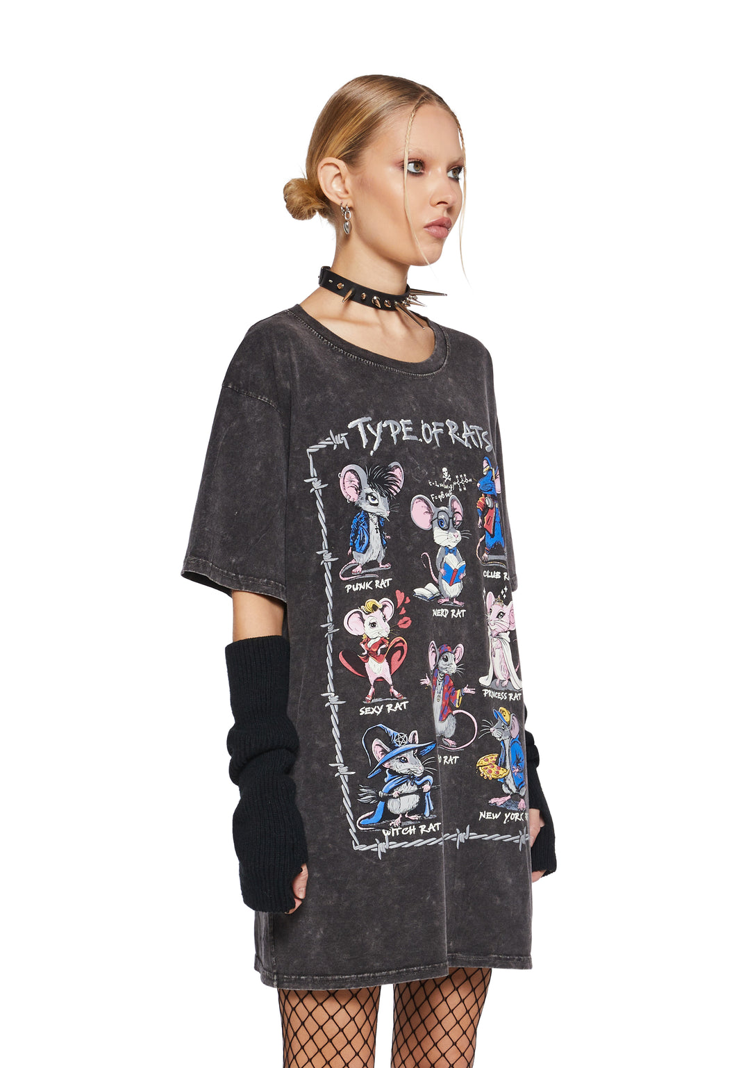 Stretchy Washed Knit Type Of Rats Oversized Graphic Tee - Dark Gray - Image 3