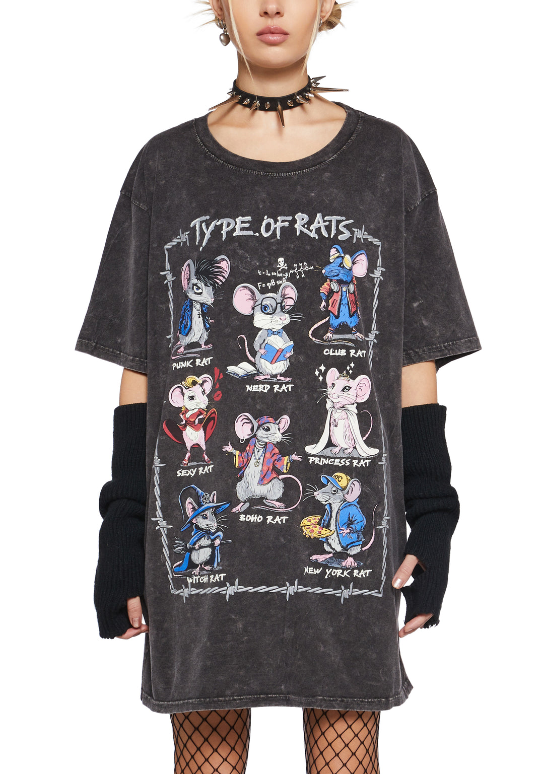 Stretchy Washed Knit Type Of Rats Oversized Graphic Tee - Dark Gray - Image 5