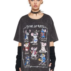 Stretchy Washed Knit Type Of Rats Oversized Graphic Tee - Dark Gray