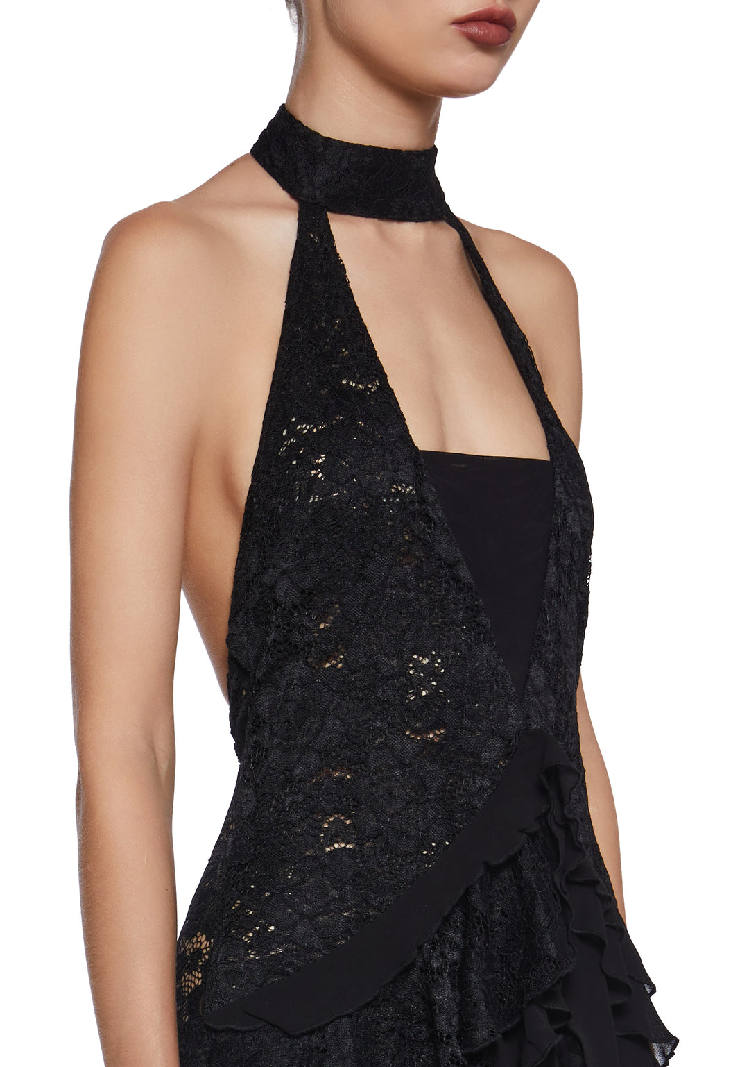 Lace Chiffon Tiered Ruffled Halter Midi Dress Current Mood - Black - Image 2