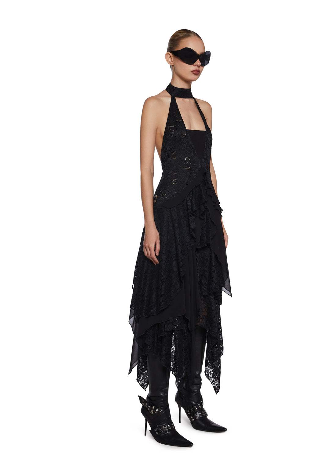Lace Chiffon Tiered Ruffled Halter Midi Dress Current Mood - Black - Image 3