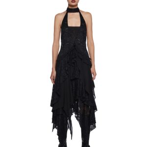 Lace Chiffon Tiered Ruffled Halter Midi Dress Current Mood - Black
