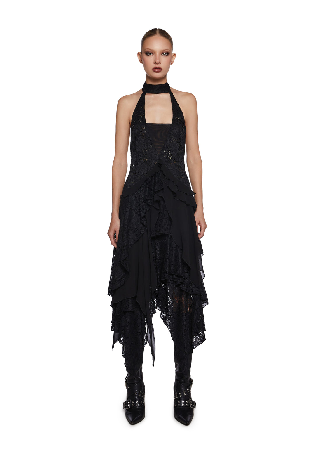 Lace Chiffon Tiered Ruffled Halter Midi Dress Current Mood - Black