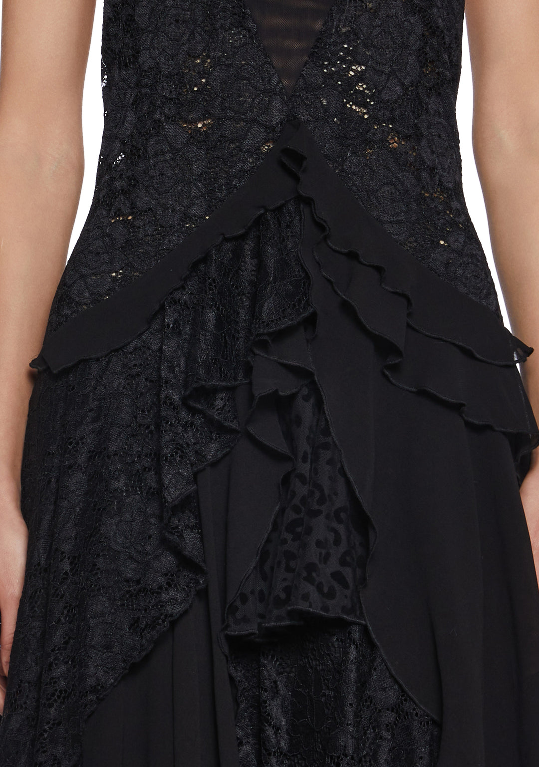 Lace Chiffon Tiered Ruffled Halter Midi Dress Current Mood - Black - Image 6