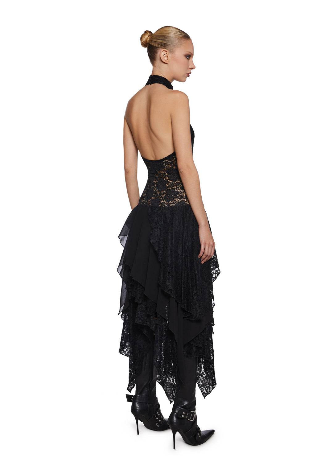 Lace Chiffon Tiered Ruffled Halter Midi Dress Current Mood - Black - Image 4
