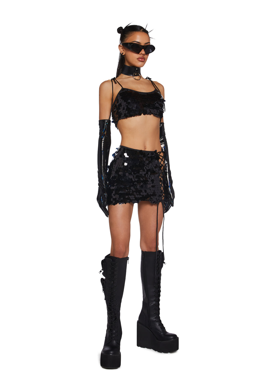 Womens Sexy Sequined Disk Mini Skirt Club Exx - Black - Image 2