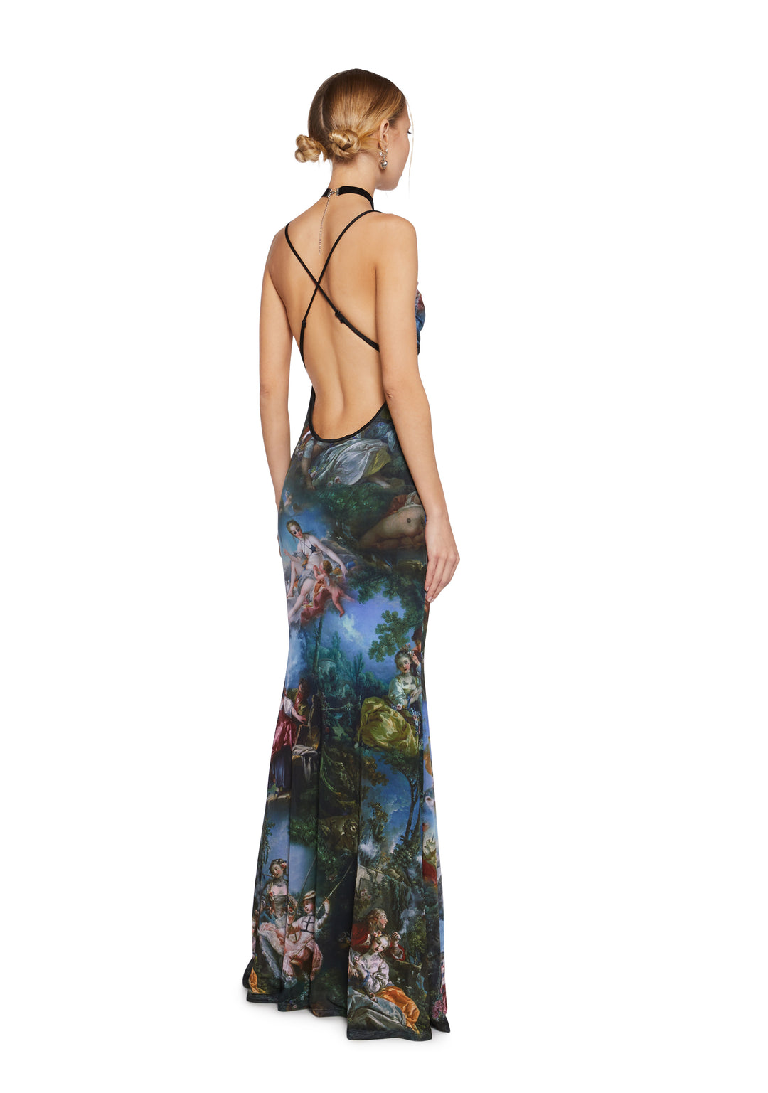 Renaissance AOP Print Mesh Cowl Neck Maxi Dress Current Mood - Multi - Image 2