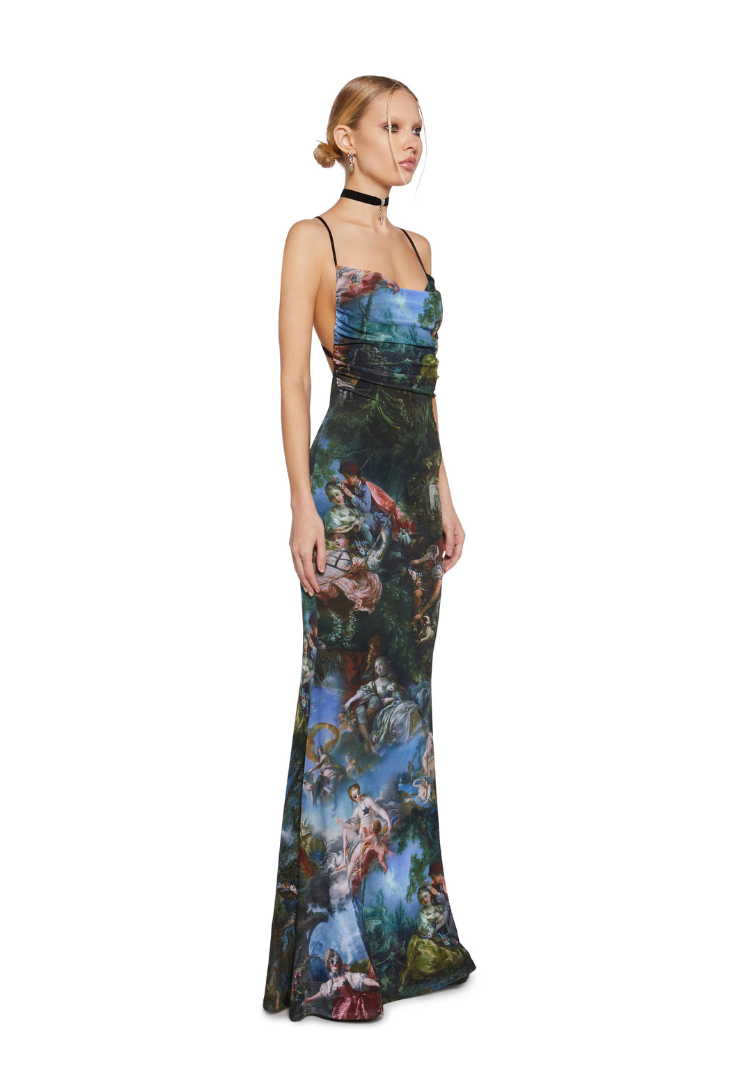 Renaissance AOP Print Mesh Cowl Neck Maxi Dress Current Mood - Multi - Image 3