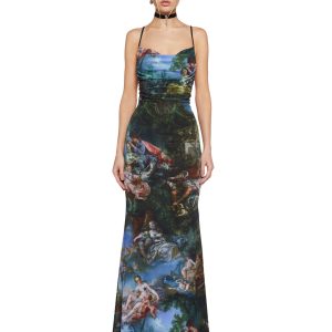 Renaissance AOP Print Mesh Cowl Neck Maxi Dress Current Mood - Multi