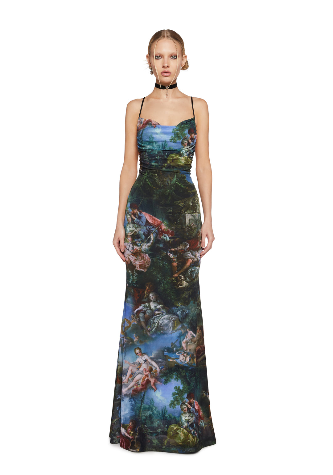 Renaissance AOP Print Mesh Cowl Neck Maxi Dress Current Mood - Multi