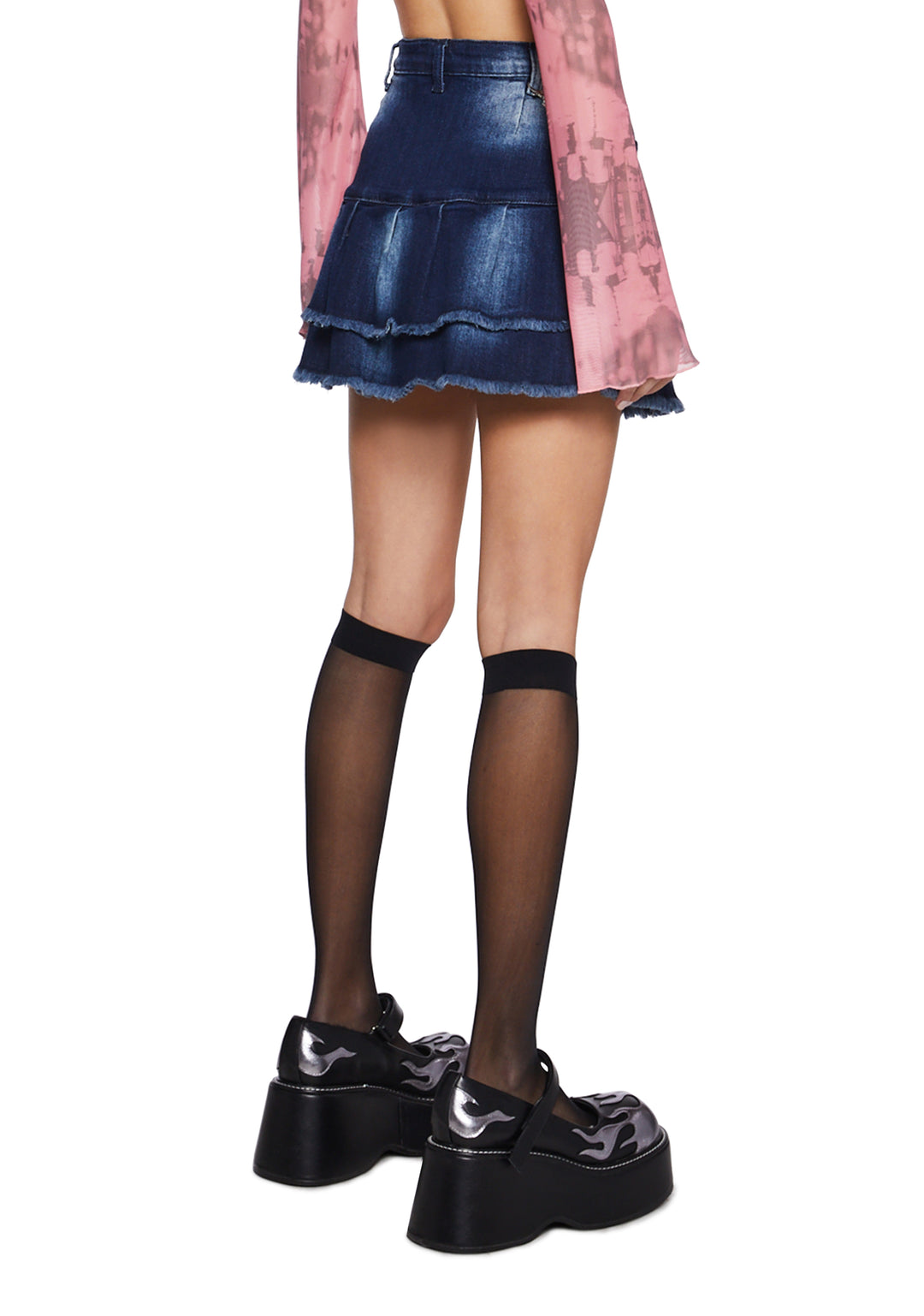 Washed Distressed Denim Pleated Lace-Up Mini Skirt Current Mood - Blue - Image 4