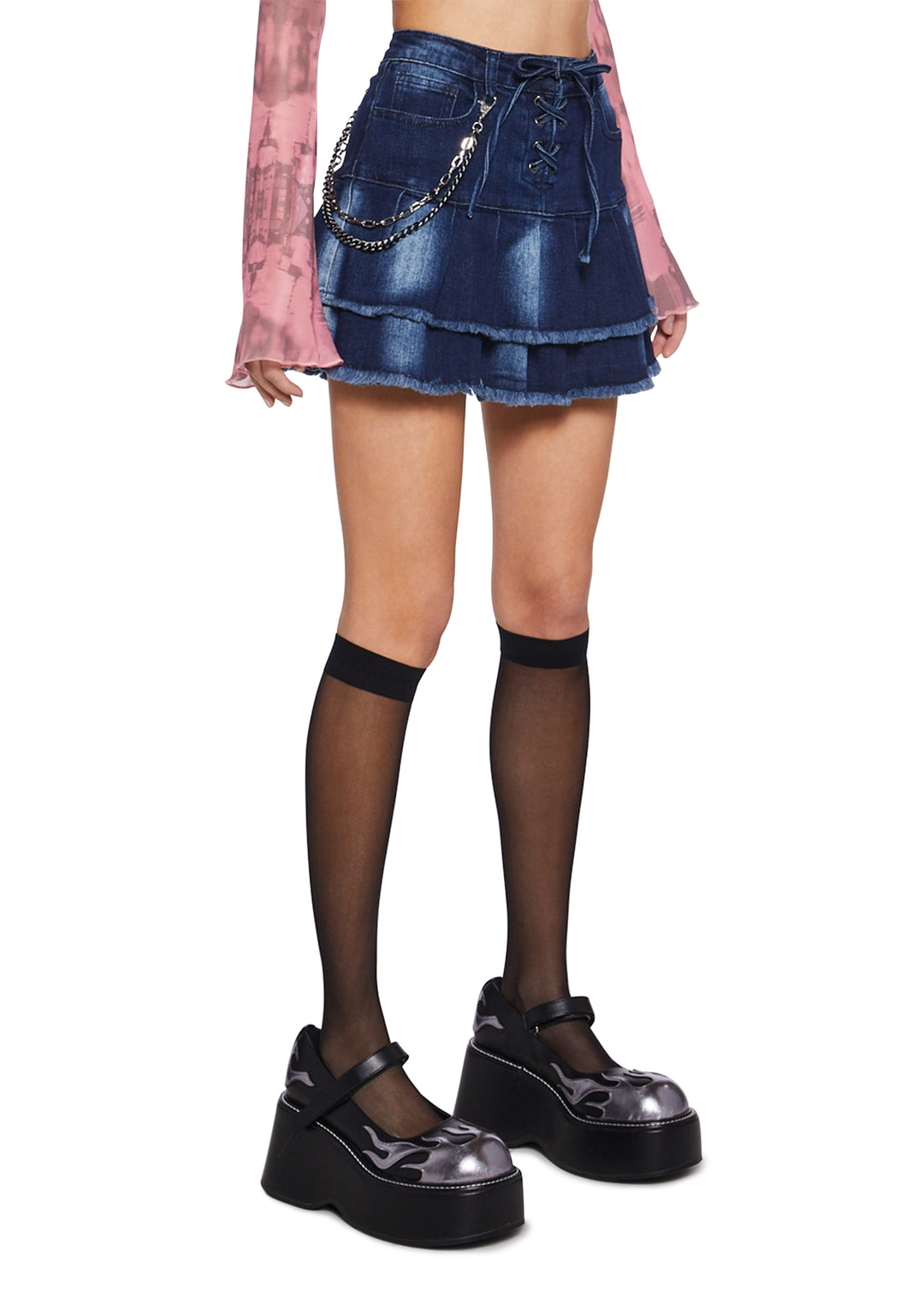 Washed Distressed Denim Pleated Lace-Up Mini Skirt Current Mood - Blue - Image 3