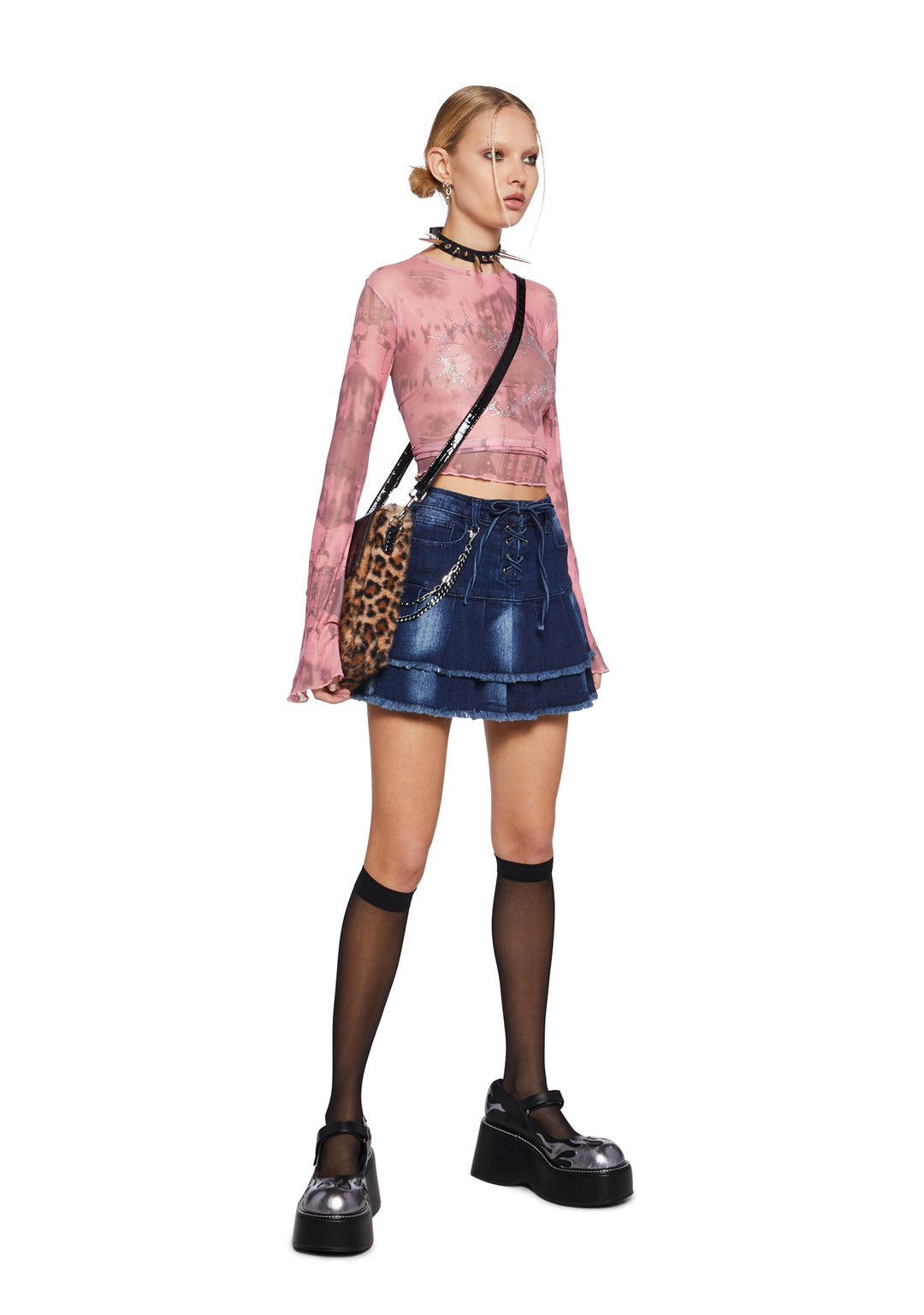 Washed Distressed Denim Pleated Lace-Up Mini Skirt Current Mood - Blue - Image 2