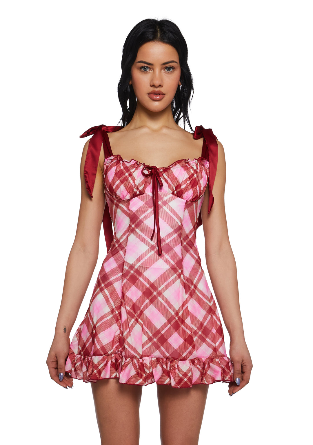 Stretchy Ruffled Plaid Knit Mini Dress Sugar Thrillz - Plaid