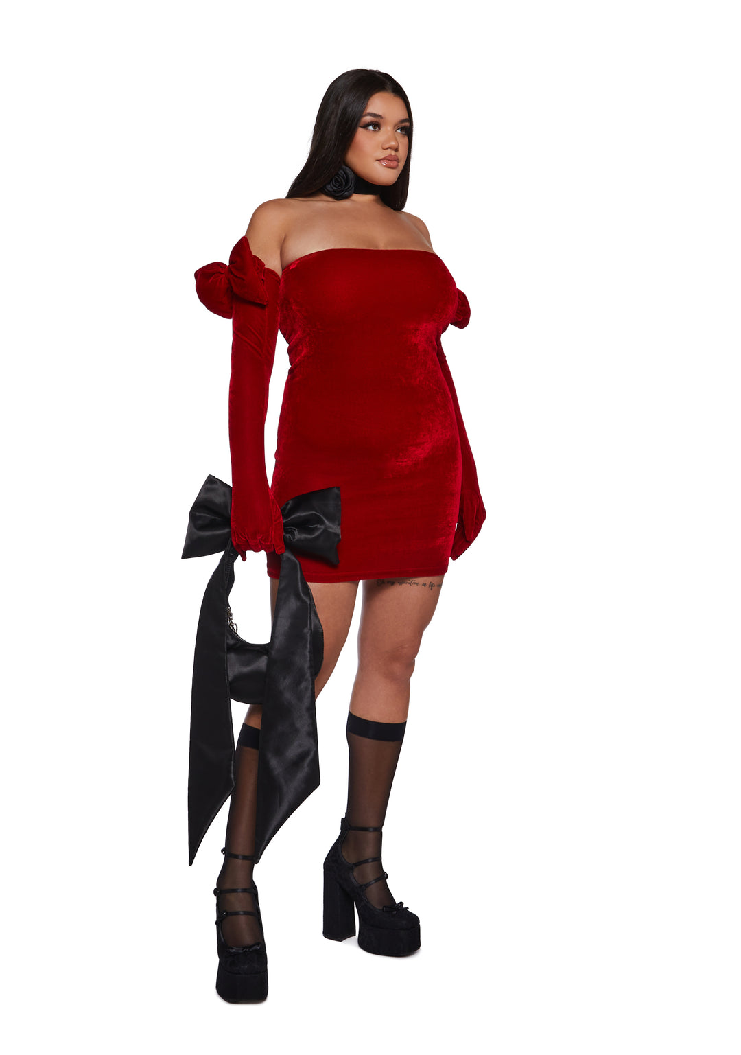Womens Velour Mini Dress And Glove Set Sugar Thrillz - Red - Image 7