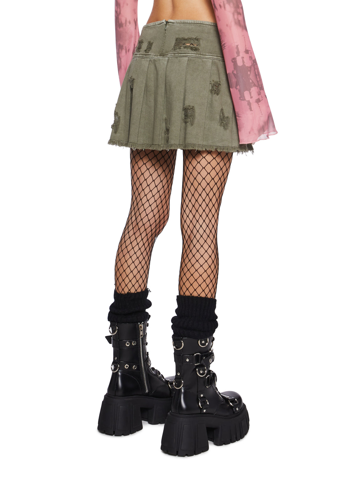 Womens Pleated Distressed Denim Mini Skirt Current Mood - Green - Image 4