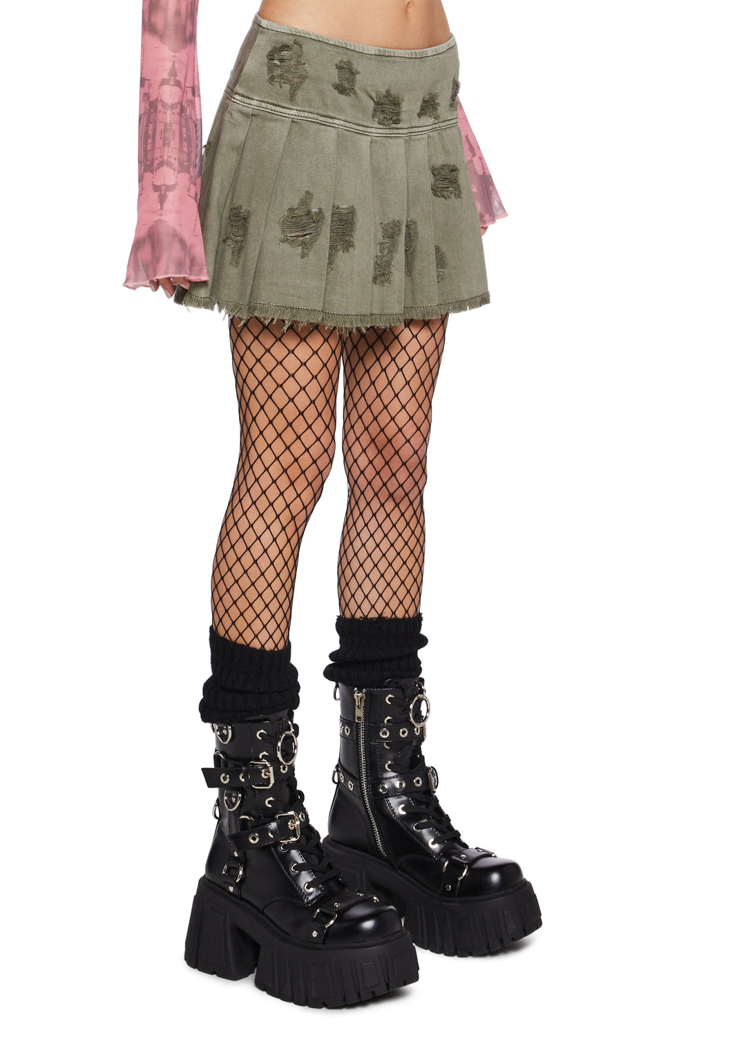 Womens Pleated Distressed Denim Mini Skirt Current Mood - Green - Image 3