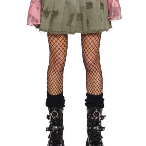 Womens Pleated Distressed Denim Mini Skirt Current Mood - Green