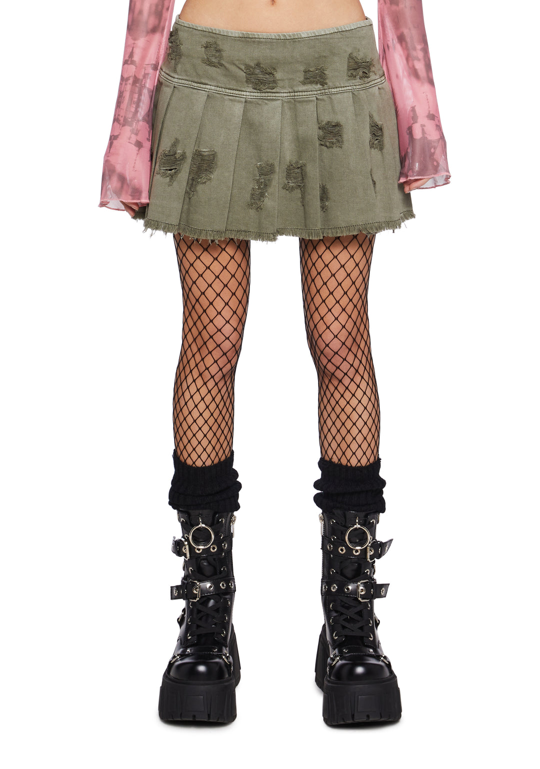 Womens Pleated Distressed Denim Mini Skirt Current Mood - Green