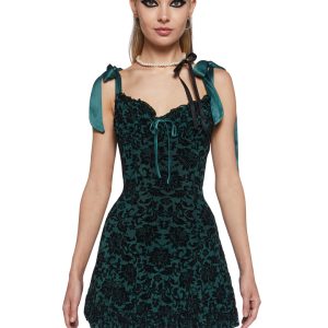 Womens Flocked Mesh Mini Dress With Shoulder Ties Sugar Thrillz - Green