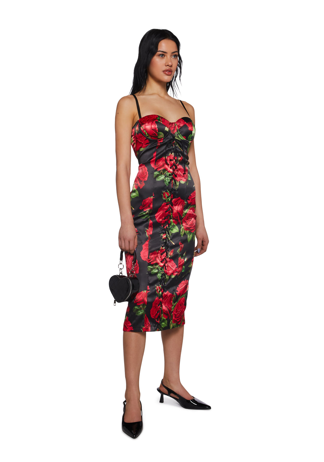 Rose Print Satin Midi Dress With Lace Ups Night Out Sugar Thrillz - Black - Image 5