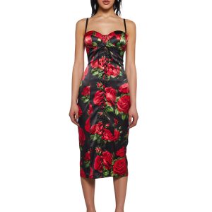 Rose Print Satin Midi Dress With Lace Ups Night Out Sugar Thrillz - Black