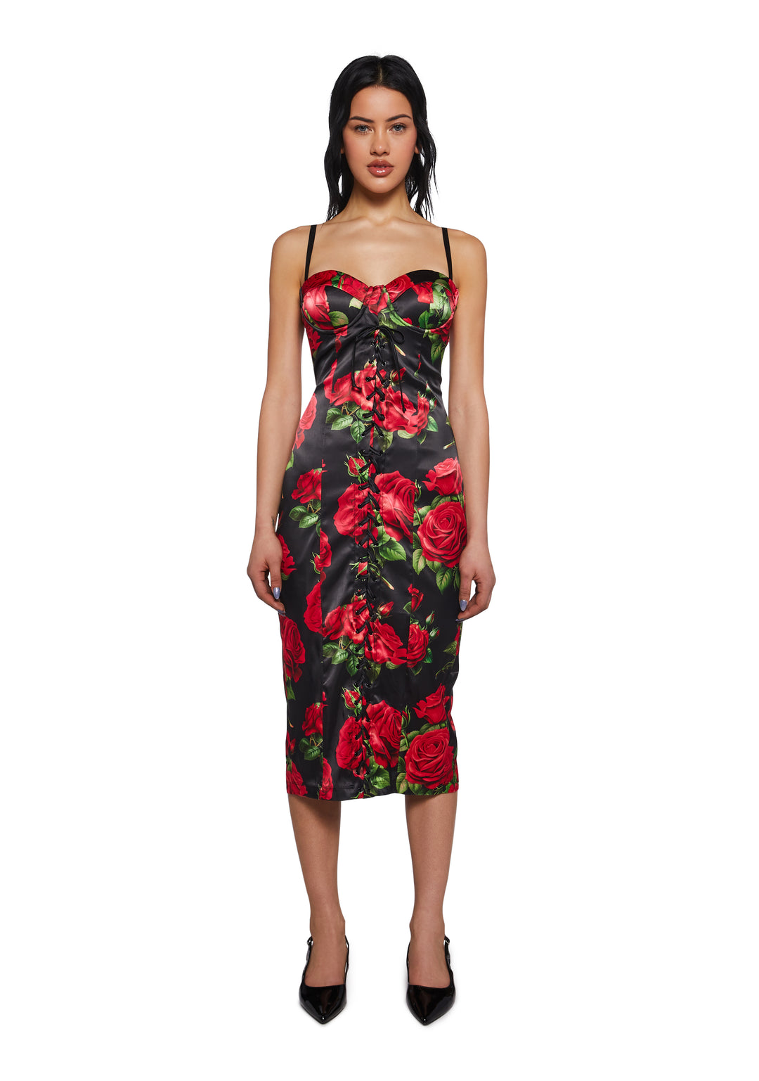 Rose Print Satin Midi Dress With Lace Ups Night Out Sugar Thrillz - Black