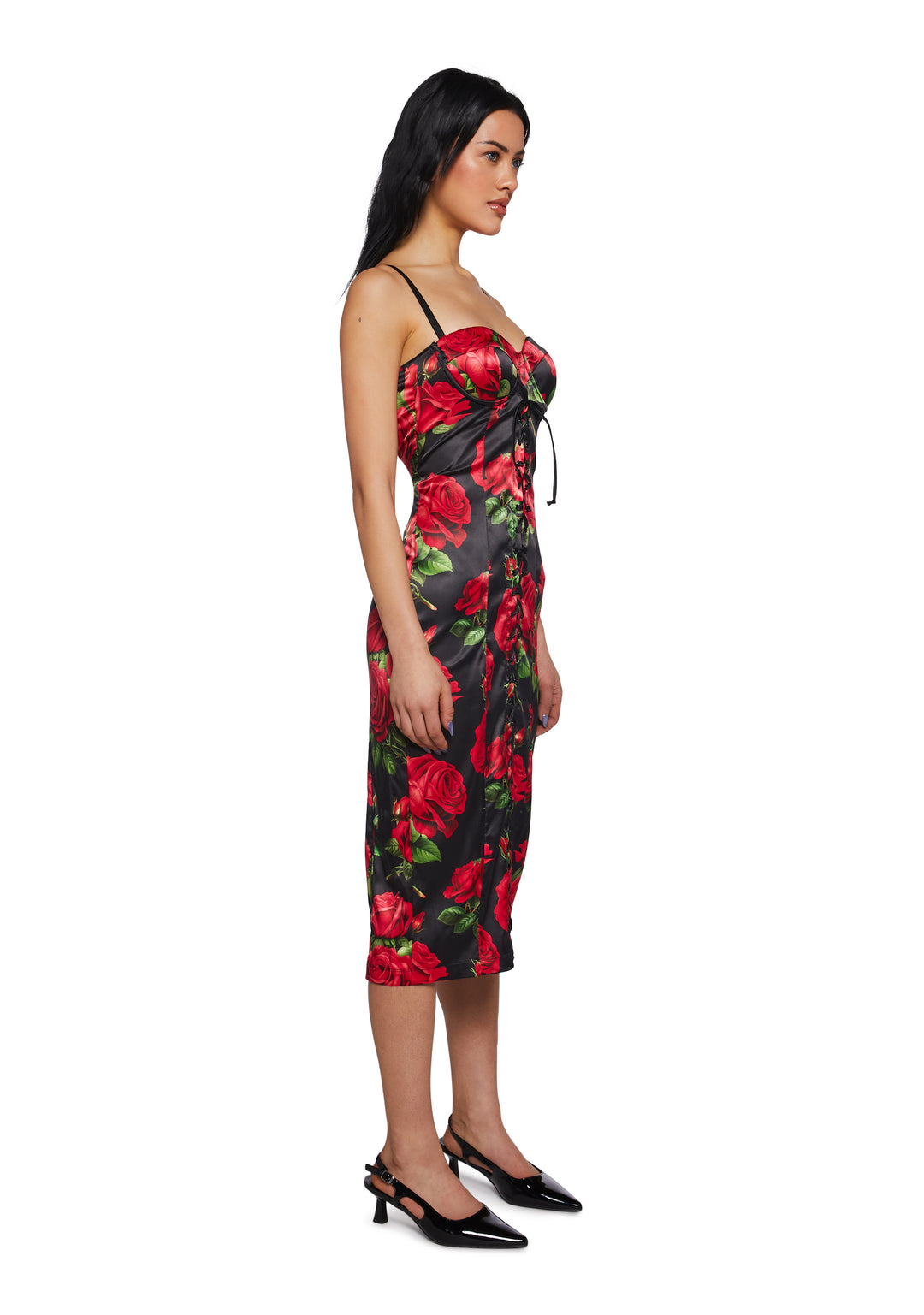 Rose Print Satin Midi Dress With Lace Ups Night Out Sugar Thrillz - Black - Image 3