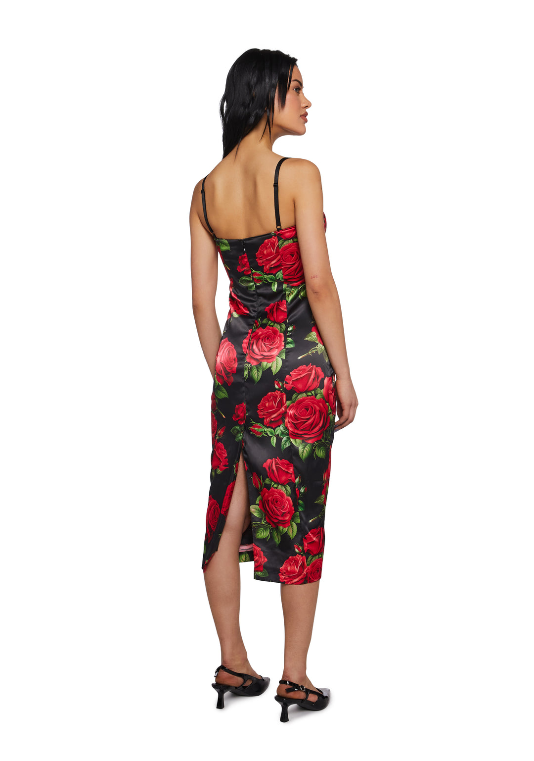 Rose Print Satin Midi Dress With Lace Ups Night Out Sugar Thrillz - Black - Image 4
